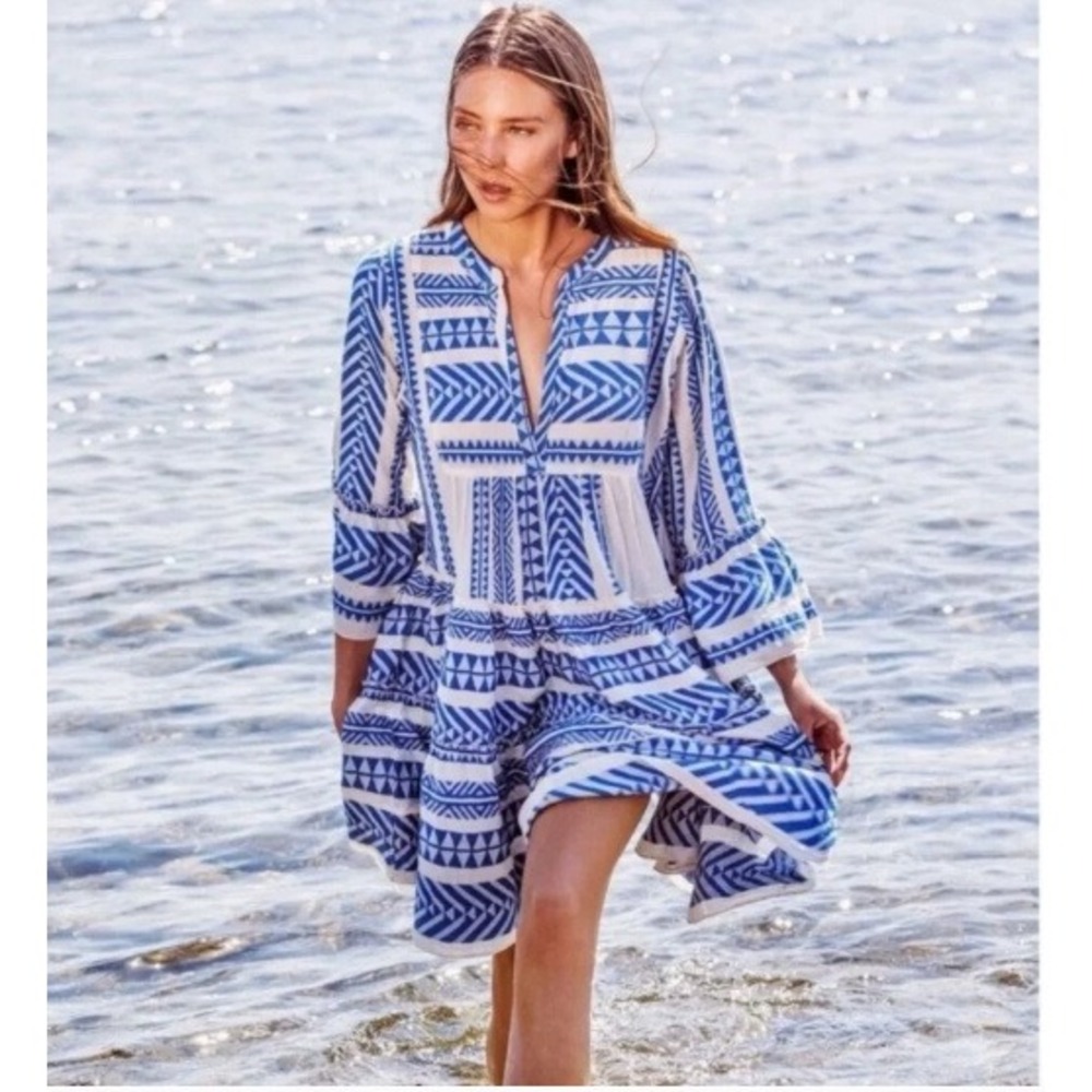 Devotion Twins Ella Mini Dress Womens XS Blue White Geometric Greek Resort